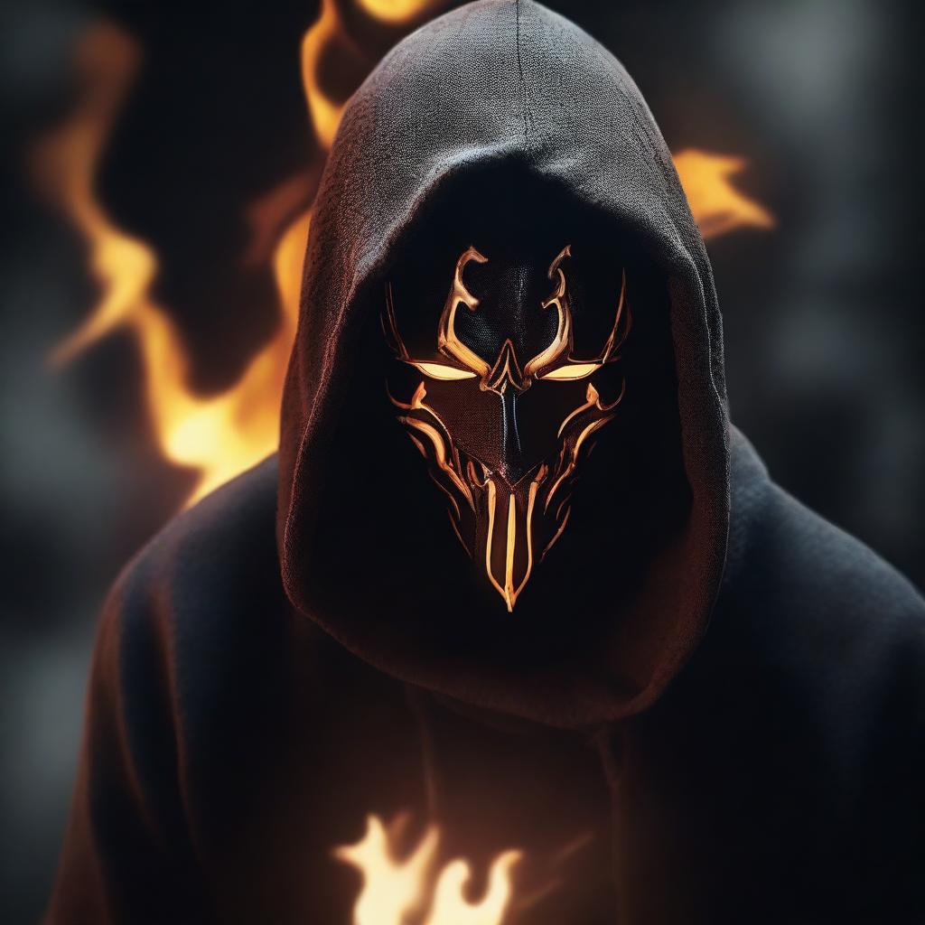 Create a realistic animated dark figure in a hood with a full masquerade mask