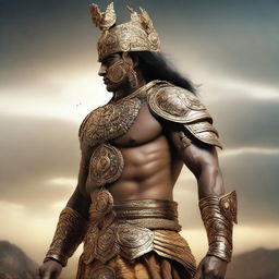 A detailed and realistic depiction of Ashwatthama, the legendary warrior from the Mahabharata, shown from the back or side so that his face is not visible