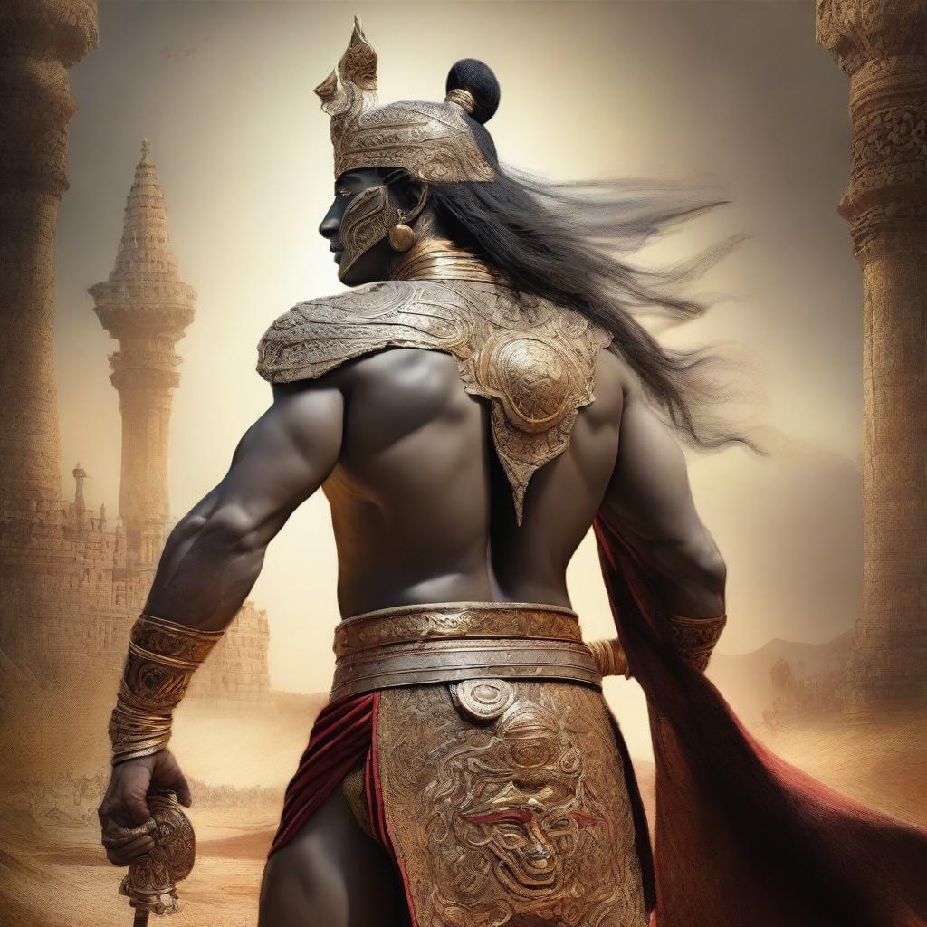 A detailed and realistic depiction of Ashwatthama, the legendary warrior from the Mahabharata, shown from the back or side so that his face is not visible