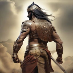 A detailed and realistic depiction of Ashwatthama, the legendary warrior from the Mahabharata, shown from the back or side so that his face is not visible