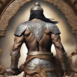 A detailed and realistic depiction of Ashwatthama, the legendary warrior from the Mahabharata, shown from the back or side so that his face is not visible