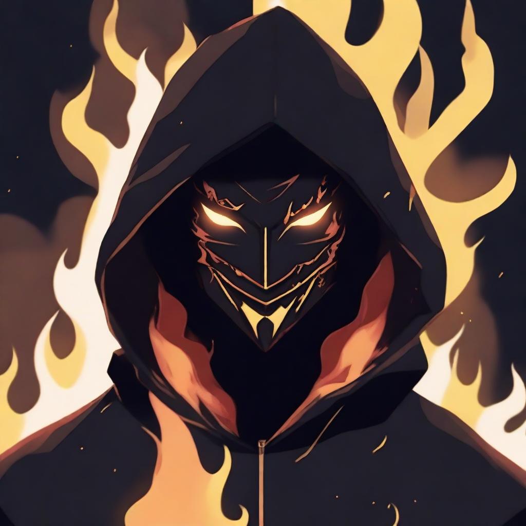 Create an anime-style dark figure in a hood with a designer masquerade mask