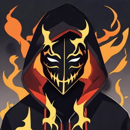 Create an anime-style dark figure in a hood with a designer masquerade mask