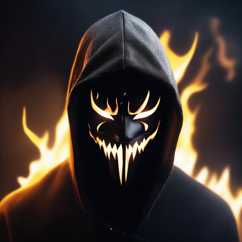 Create an animated dark figure in a hood with a designer masquerade mask