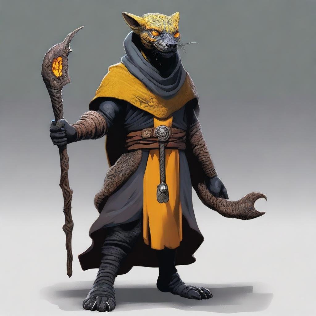 A serpentfolk with black scales and orange-yellow eyes