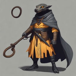 A serpentfolk with black scales and orange-yellow eyes