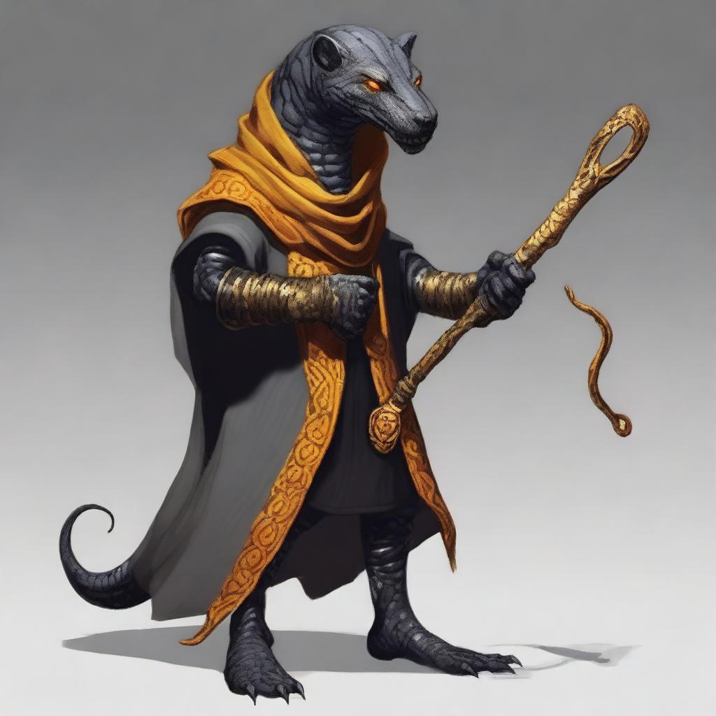 A serpentfolk with black scales and orange-yellow eyes