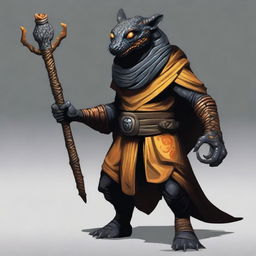 A serpentfolk with black scales and orange-yellow eyes