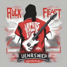 A back t-shirt design with a red and white color scheme themed around a rock fest