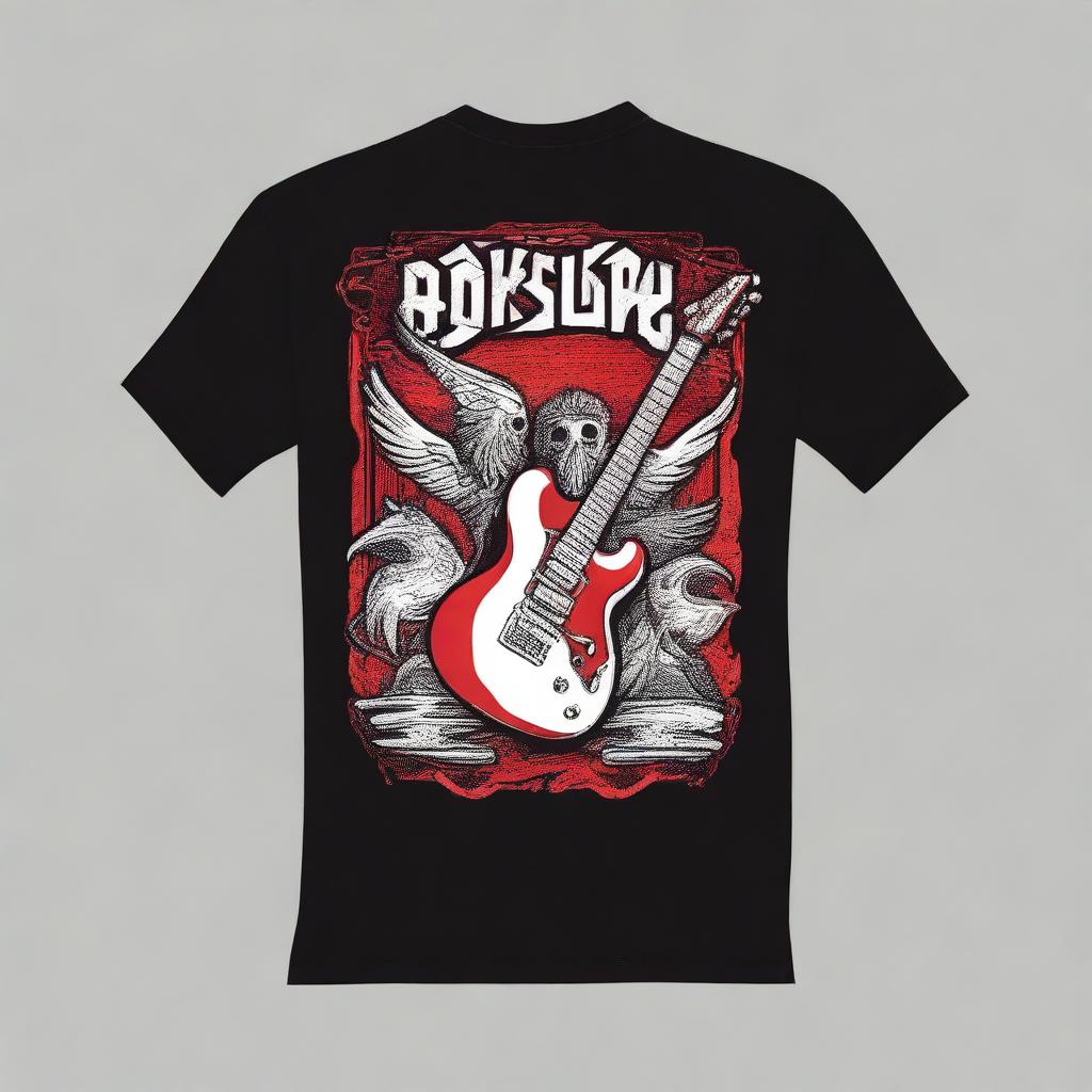 A back t-shirt design with a red and white color scheme themed around a rock fest