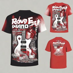 A back t-shirt design with a red and white color scheme themed around a rock fest