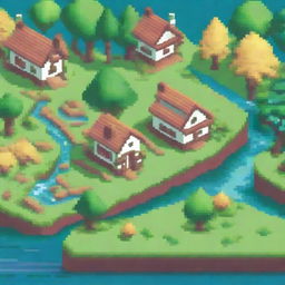 Create a detailed pixel art scene featuring a small village with houses, trees, and a river