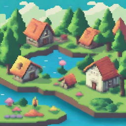 Create a detailed pixel art scene featuring a small village with houses, trees, and a river