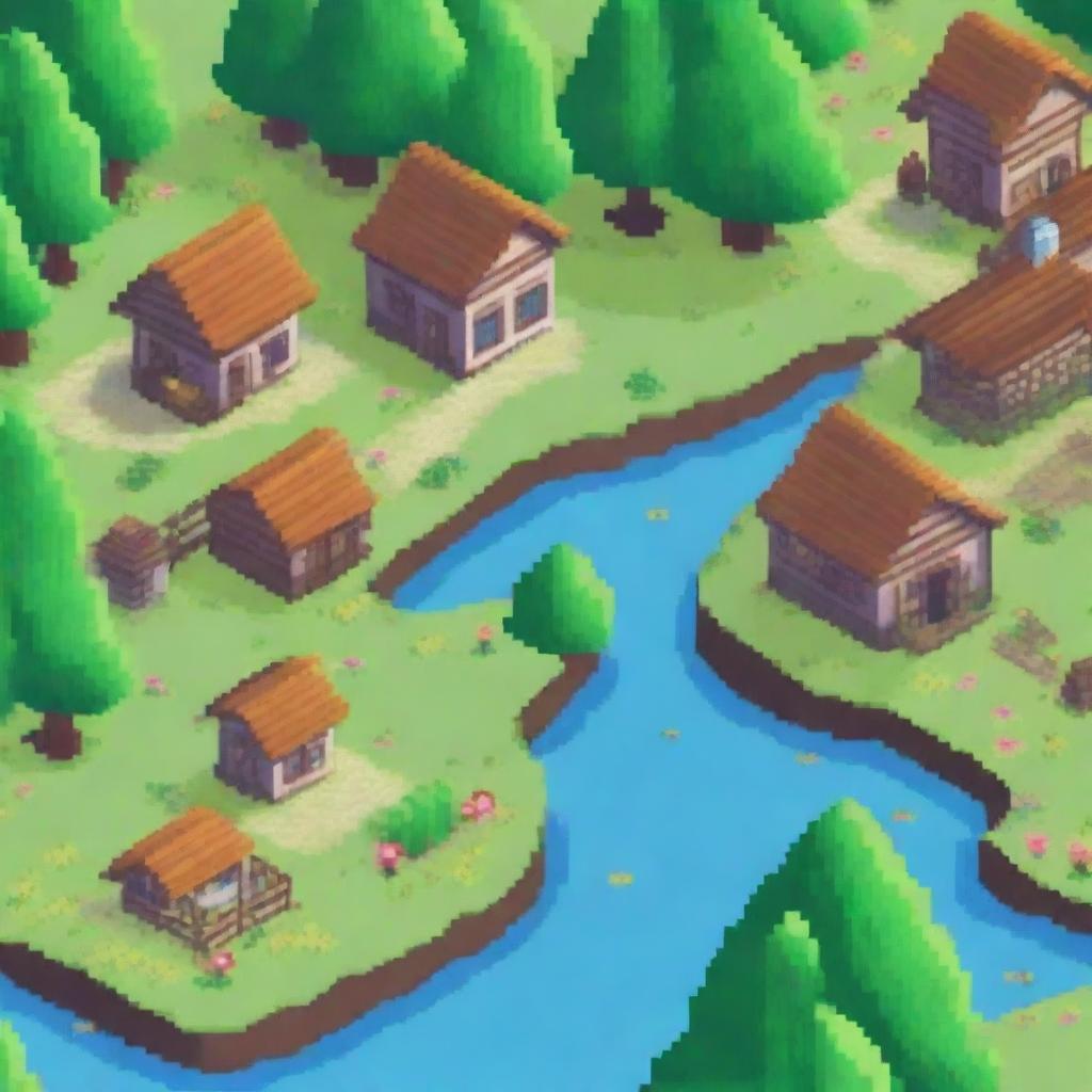 Create a detailed pixel art scene featuring a small village with houses, trees, and a river