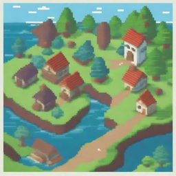 Create a detailed pixel art scene featuring a small village with houses, trees, and a river