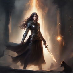 Create an epic and dramatic book cover illustration featuring a determined and resilient female protagonist as the central figure, standing tall amidst a backdrop of abyssal chaos and darkness