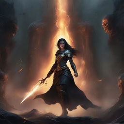 Create an epic and dramatic book cover illustration featuring a determined and resilient female protagonist as the central figure, standing tall amidst a backdrop of abyssal chaos and darkness