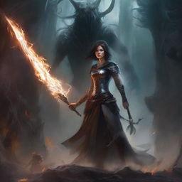 Create an epic and dramatic book cover illustration featuring a determined and resilient female protagonist as the central figure, standing tall amidst a backdrop of abyssal chaos and darkness