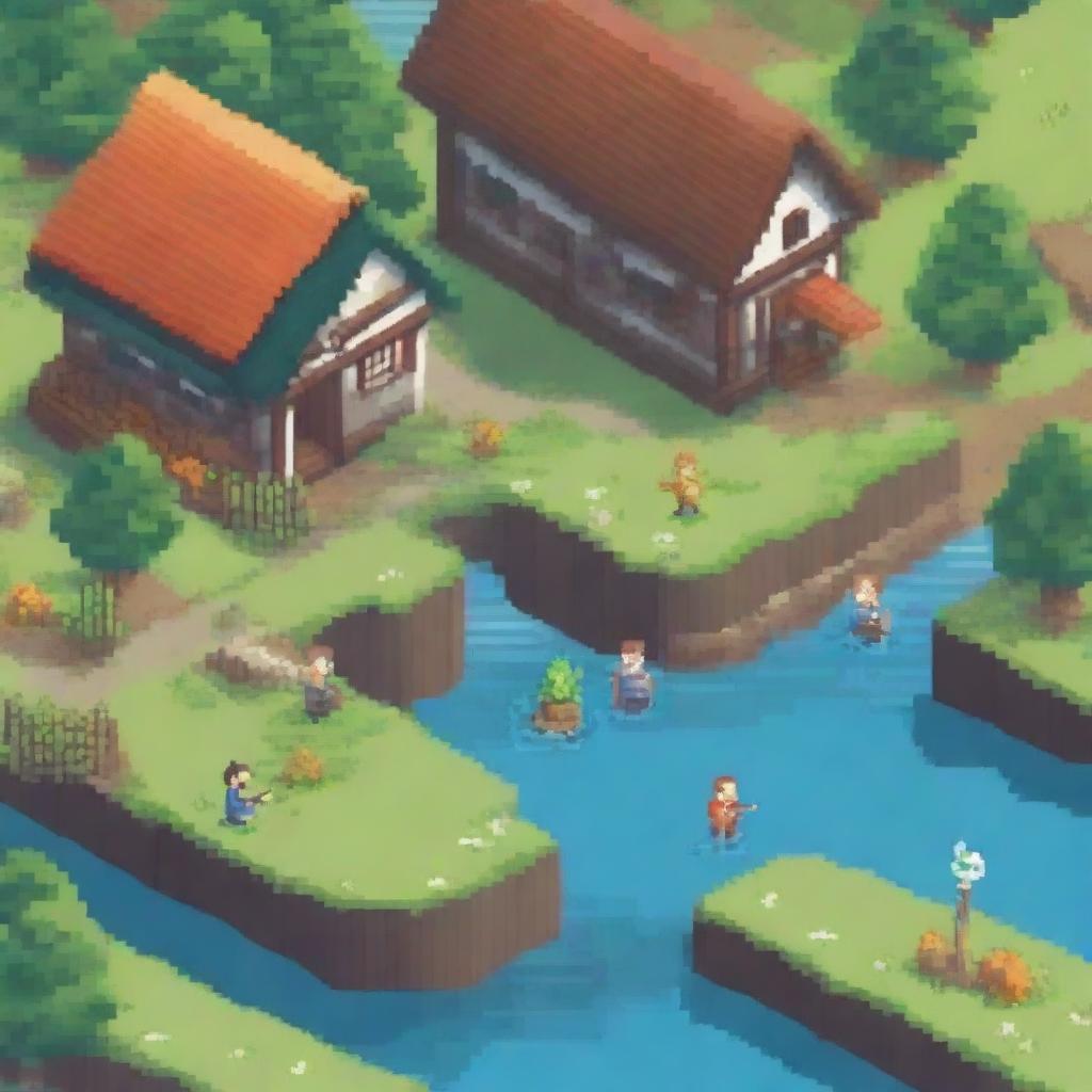 Create a detailed pixel art scene featuring a small village with houses, trees, and a river flowing through it