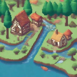 Create a detailed pixel art scene featuring a small village with houses, trees, and a river flowing through it