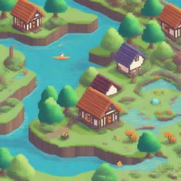 Create a detailed pixel art scene featuring a small village with houses, trees, and a river flowing through it