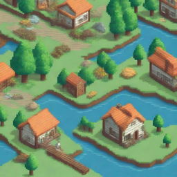 Create a detailed pixel art scene featuring a small village with houses, trees, and a river flowing through it