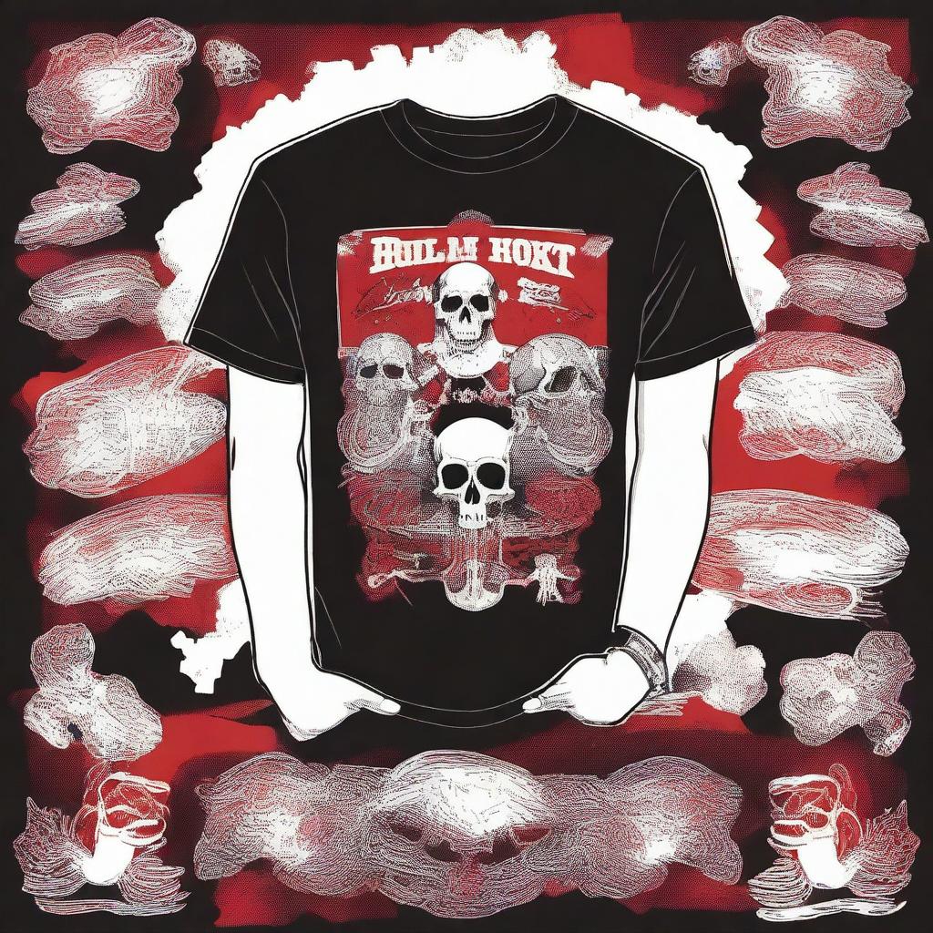 A t-shirt design themed around a Rock Fest with a red and white base color scheme