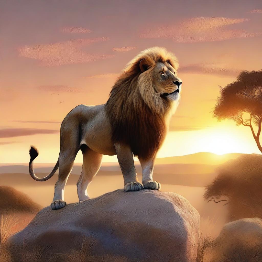A detailed and realistic illustration of a majestic lion standing on a rock, with a savannah landscape in the background