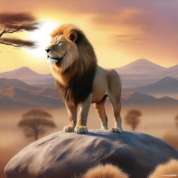 A detailed and realistic illustration of a majestic lion standing on a rock, with a savannah landscape in the background
