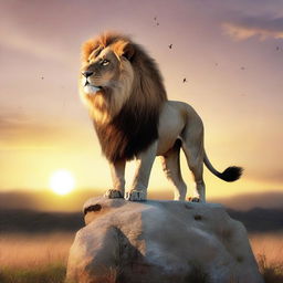 A detailed and realistic illustration of a majestic lion standing on a rock, with a savannah landscape in the background
