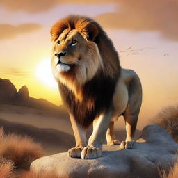 A detailed and realistic illustration of a majestic lion standing on a rock, with a savannah landscape in the background
