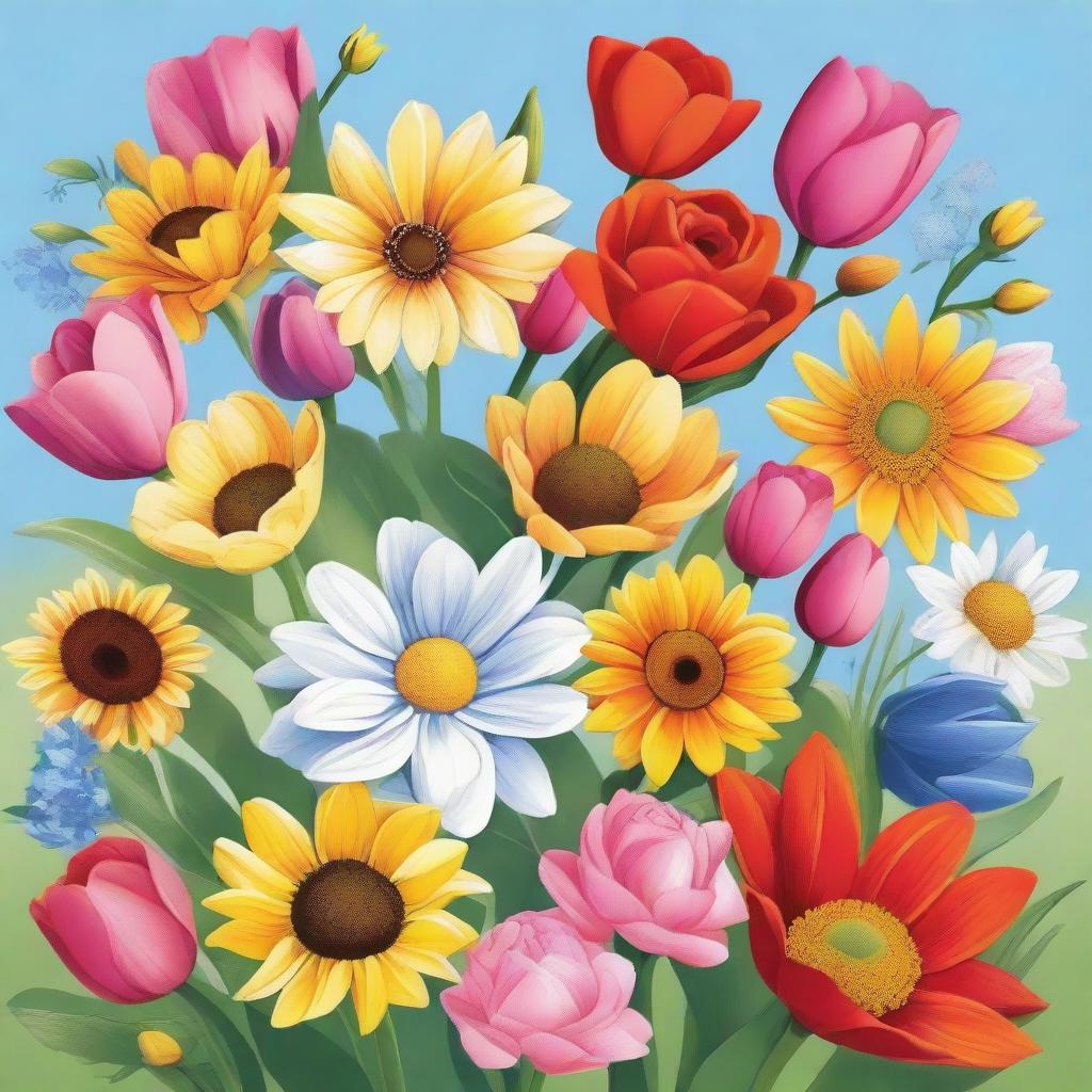 A vibrant and detailed illustration of various flowers in full bloom