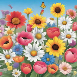 A vibrant and detailed illustration of various flowers in full bloom