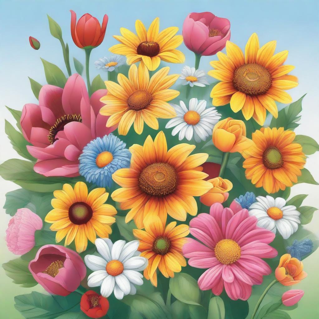A vibrant and detailed illustration of various flowers in full bloom