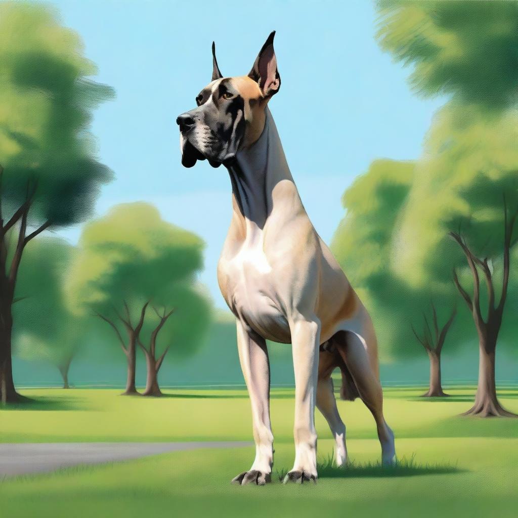 A detailed and realistic illustration of a Great Dane standing proudly in a park