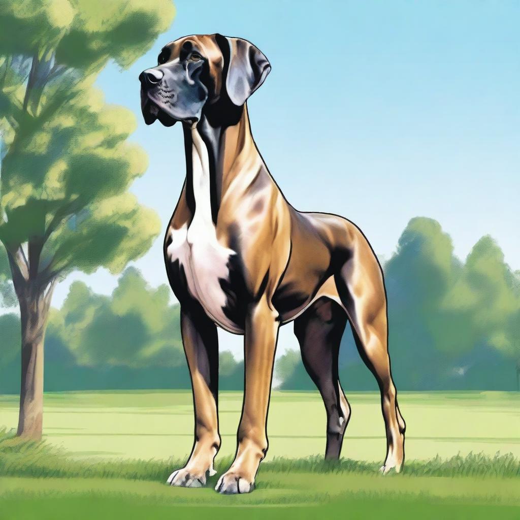 A detailed and realistic illustration of a Great Dane standing proudly in a park
