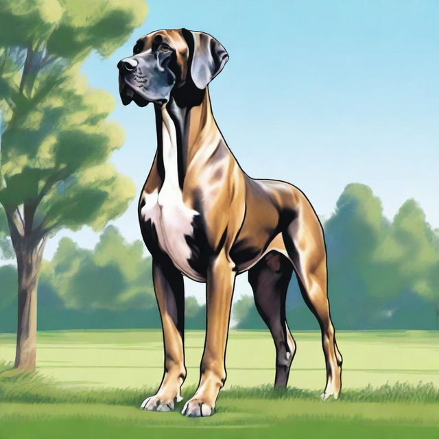 A detailed and realistic illustration of a Great Dane standing proudly in a park