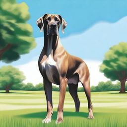 A detailed and realistic illustration of a Great Dane standing proudly in a park