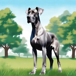 A detailed and realistic illustration of a Great Dane standing proudly in a park