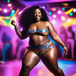 A tall, chubby, and curvy ebony woman with a big bosom and big booty, dancing energetically