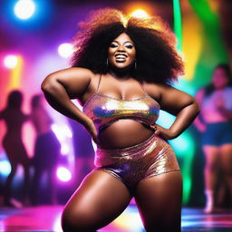 A tall, chubby, and curvy ebony woman with a big bosom and big booty, dancing energetically