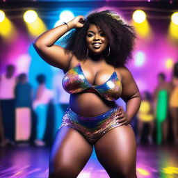 A tall, chubby, and curvy ebony woman with a big bosom and big booty, dancing energetically