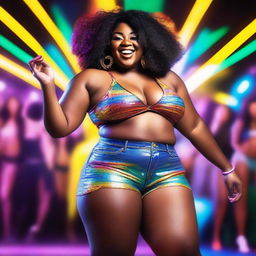 A tall, chubby, and curvy ebony woman with a big bosom and big booty, dancing energetically