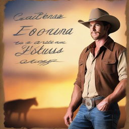 Create a book cover for a romance novel featuring cowboys