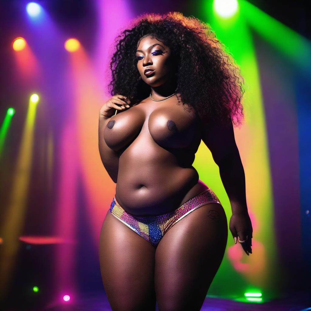 A tall, chubby, and curvy ebony woman with a big bosom and big booty, performing a pole dance