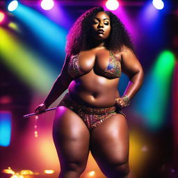 A tall, chubby, and curvy ebony woman with a big bosom and big booty, performing a pole dance