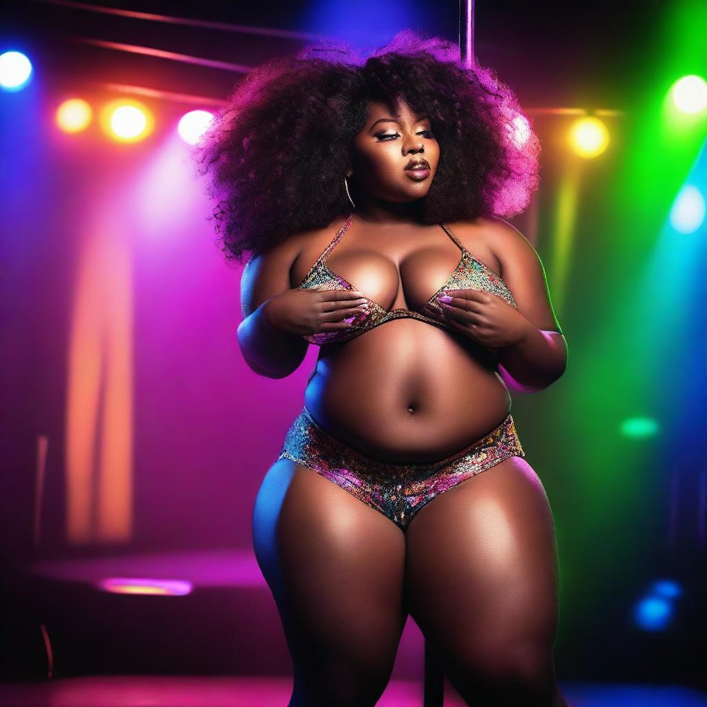 An ultra-realistic, high-definition photoshoot of a tall, chubby, and curvy ebony woman with a big bosom and big booty, performing a pole dance