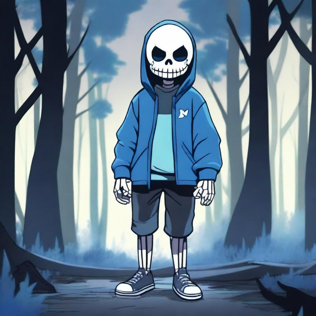 Create an image of Sans from Undertale, the skeleton character known for his blue hoodie, black shorts, and slippers, standing in a dark, eerie forest with glowing blue eyes