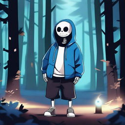 Create an image of Sans from Undertale, the skeleton character known for his blue hoodie, black shorts, and slippers, standing in a dark, eerie forest with glowing blue eyes