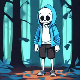 Create an image of Sans from Undertale, the skeleton character known for his blue hoodie, black shorts, and slippers, standing in a dark, eerie forest with glowing blue eyes